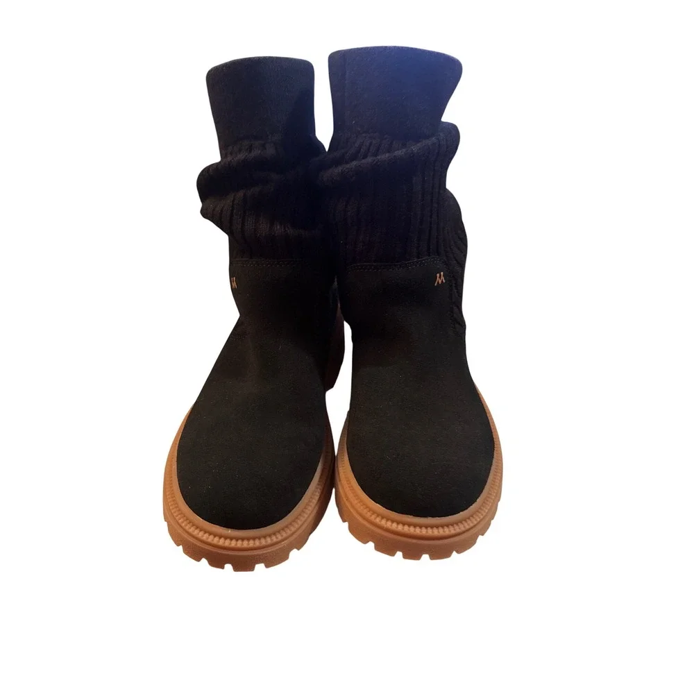 Mykos Maria Suede Knit Slouch Ankle Boots Black Lug Sole OrthoLite Women's 7